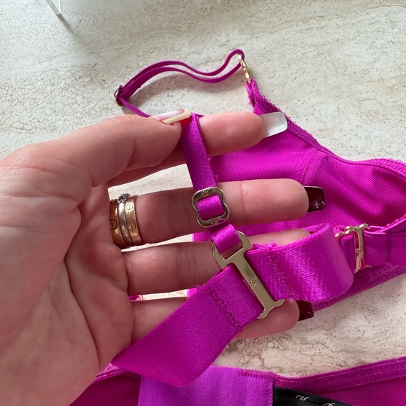 Honey Birdette Indya 3pc Set XS Bralette Garter & Thong Magenta Satin Lingerie - Picture 4 of 15